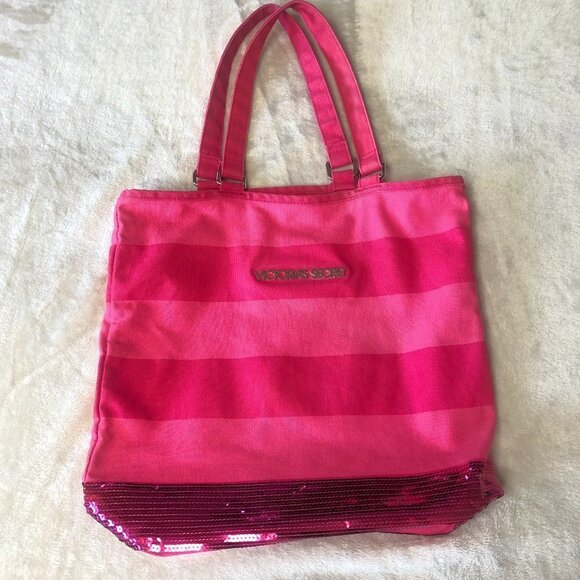Victoria's Secret Pink Striped Canvas Tote With Sequins - Picture 1 of 7
